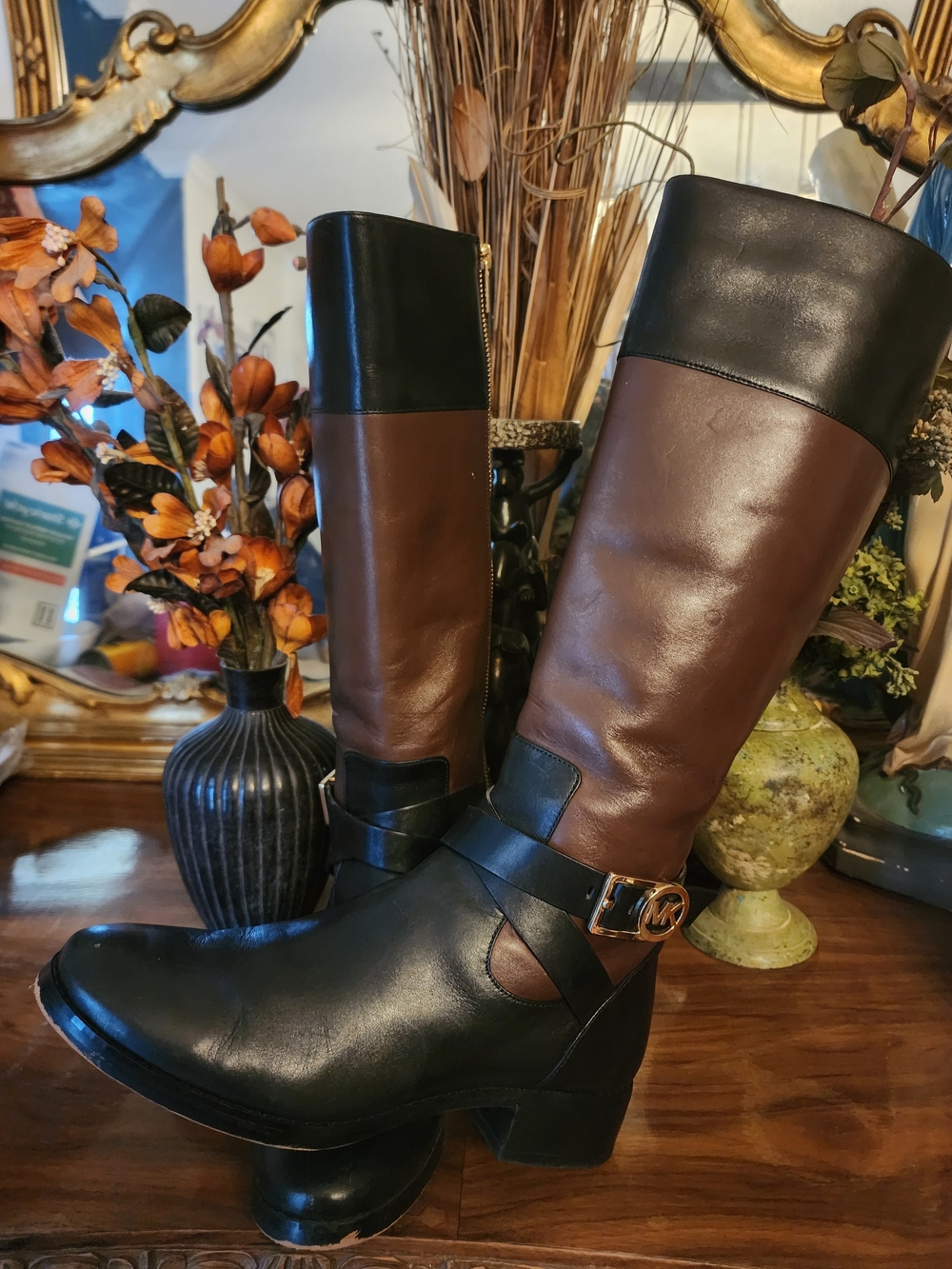 Michael Kors Black and Brown Leather Knee-High Heeled Boots